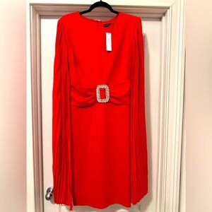 Red Sheath Dress with Bishop Sleeves and Embellished Buckle